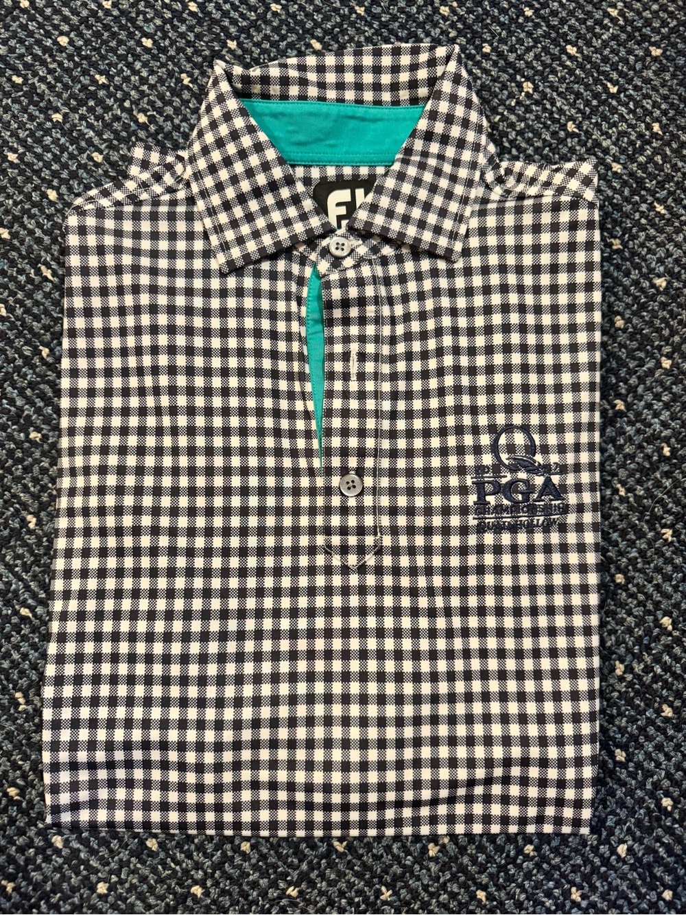 FootJoy Men’s Black & White Check Polo Shirt with Teal Trim
